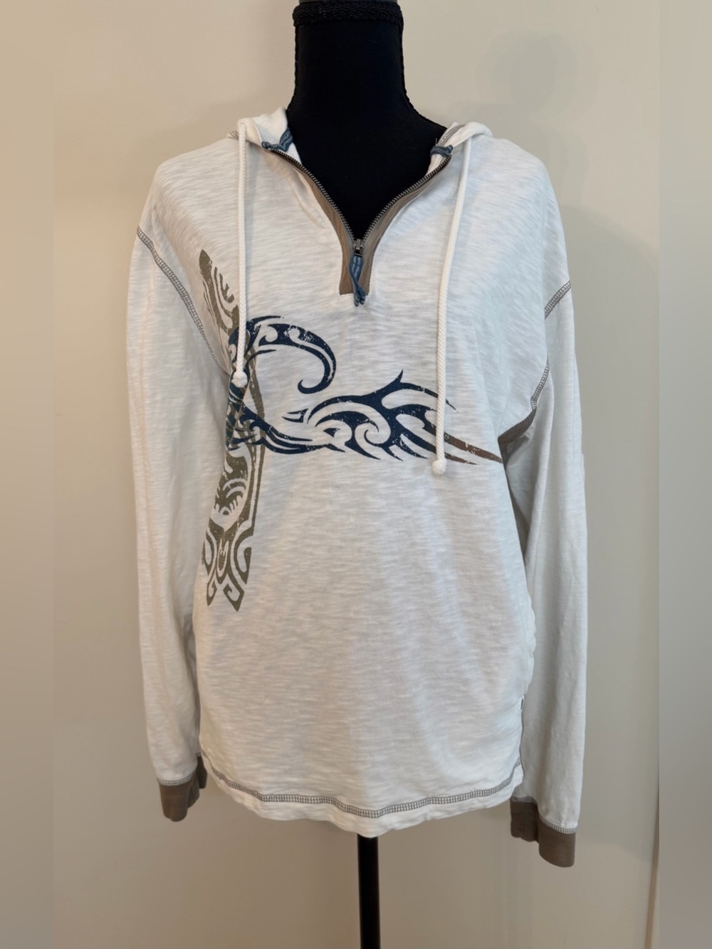 Unisex Crazy Shirts Blue and Cream 1/4 Zip Hoodie Tribal Print Men's M